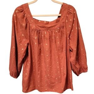 LAUREN CONRAD Womens Large Square Neck 3/4 Sleeve Rust Gold Dot Print Cotton Top